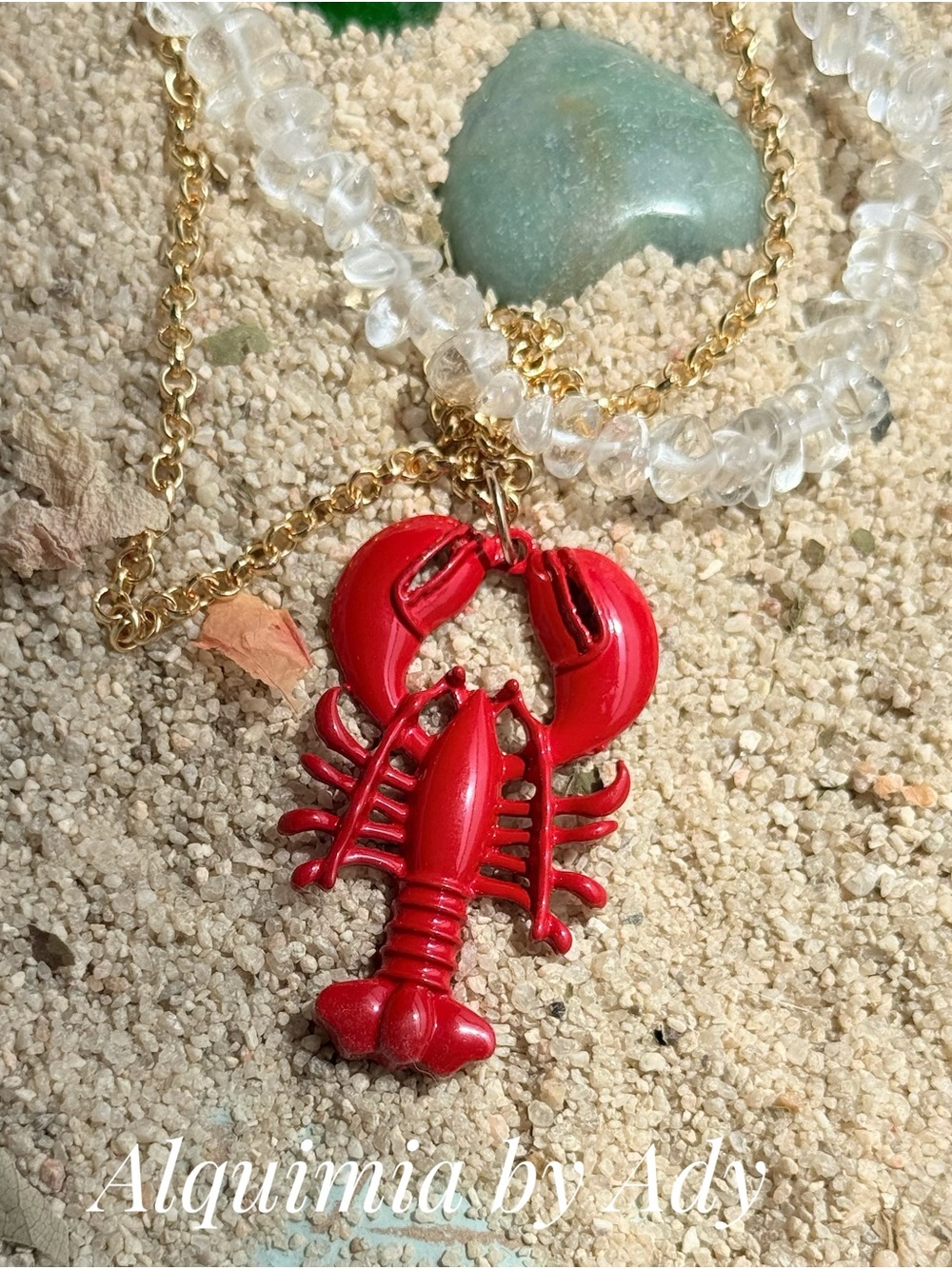 CLEAR QUARTZ CHOKER Red Lobster Charm Necklace on Gold Chain
